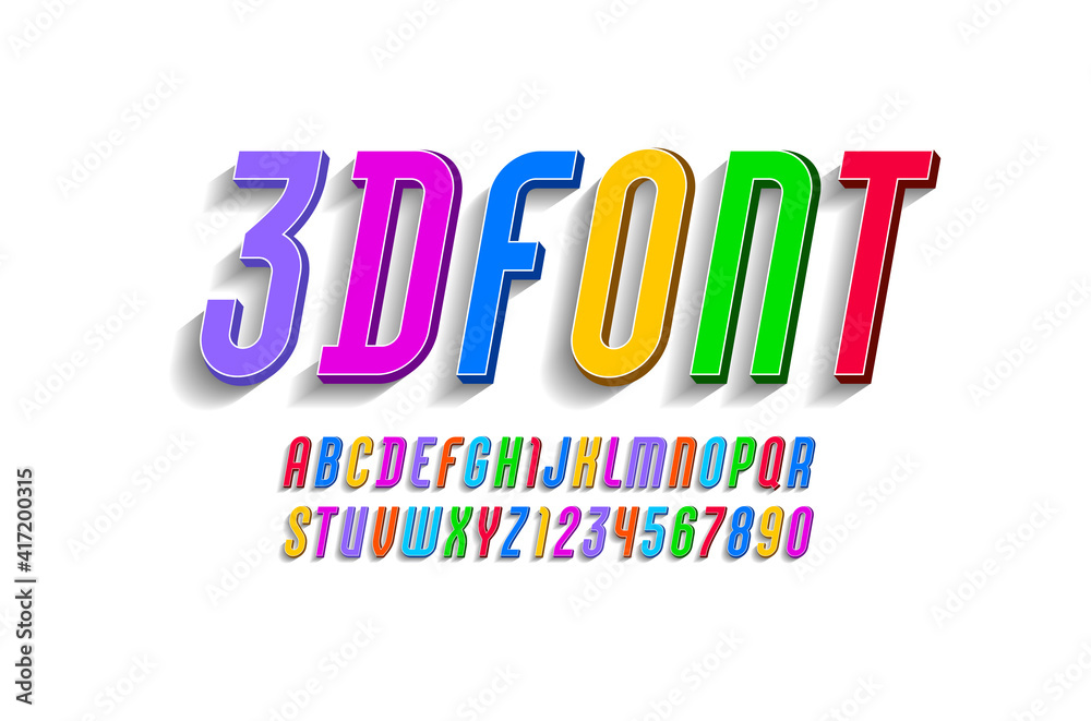 3D Font italic, trendy bright alphabet, modern condensed letters and numbers for your design, vector illustration.