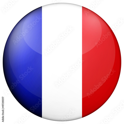 Glass light ball with flag of France. Round sphere, template icon. French national symbol. Glossy realistic ball, 3D abstract vector illustration highlighted on a white background. Big bubble.