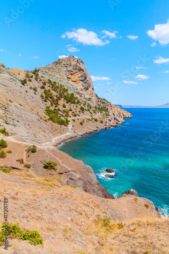 Summer Crimean landscape. Golitsyn trail at rocky Black Sea coast