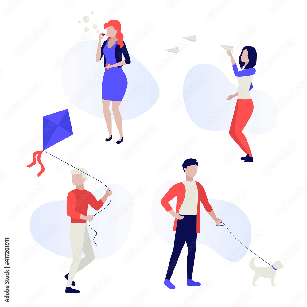 Playful spring activity. Group of people outdoors in spring. Walking with dog. Play with fly kite and airplanes. Blowing soap bubbles. Human characters on white background. Color vector illustration