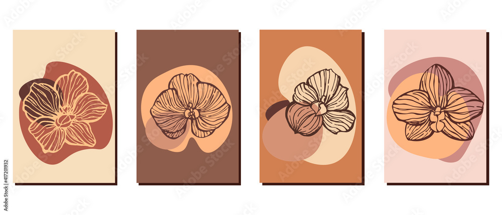 Set of four Orchid. Foliage graphic art drawing with abstract shape. Abstract Plant Art design for print, cover, wallpaper, Minimal and natural wall art. Vector illustration.