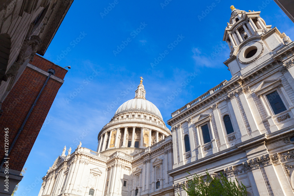 Saint Paul Cathedral under blue sky on a sunny day, London