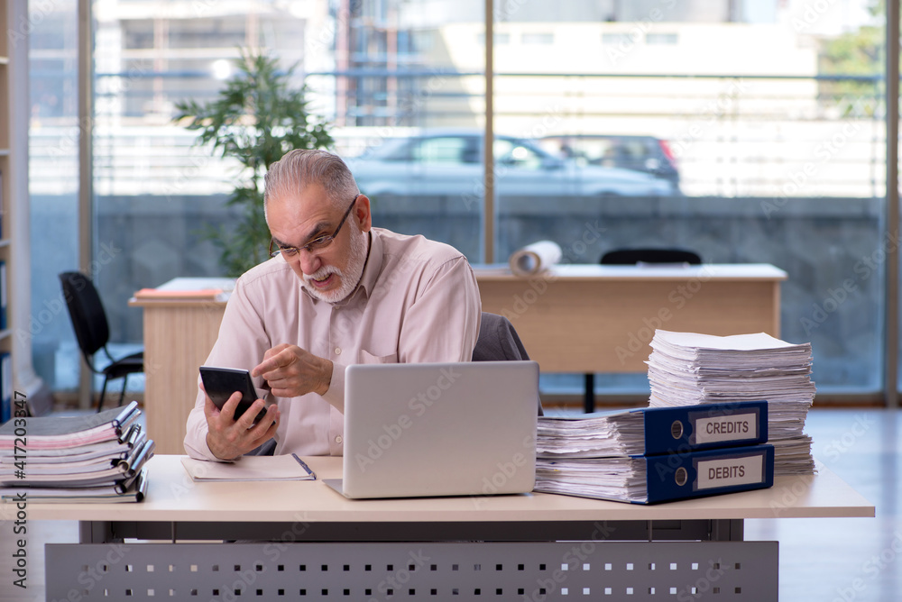 Old male bookkeeper in budget planning concept Old male bookkeeper in budget planning concept