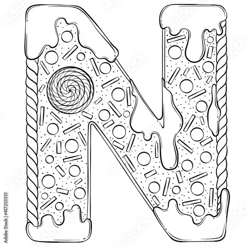 Letter N. Gingerbread Cookies in the form of letters. Cartoon vector font made in hand drawn line art style isolated on white background. Lettering logo template. Coloring book design.