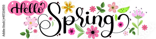 Beauty Floral spring vector. Spring design text hand lettering with flowers and leaves. Illustration Spring season