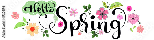 Beauty Floral spring vector. Spring design text hand lettering with flowers and leaves. Illustration Spring season
