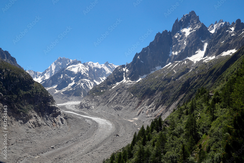 French Alps. Mont Blanc massif. The Mer De Glace glacier which has thinned 150 meters since 1820, and retreated by 2300 meters. Chamonix. France. 07.06.2018 French Alps. Mont Blanc massif. The Mer De Glace glacier which has thinned 150 meters since 1820, and retreated by 2300 meters. Chamonix. France. 07.06.2018