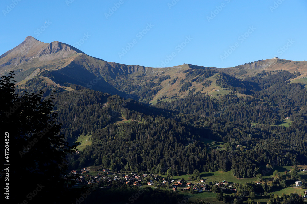 Landscape of the French Alps in summer. Saint Gervais les Bains village and Mont Joly mountain.   France.  07.06.2018
