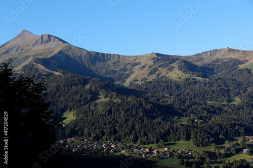 Landscape of the French Alps in summer. Saint Gervais les Bains village and Mont Joly mountain.   France.  07.06.2018