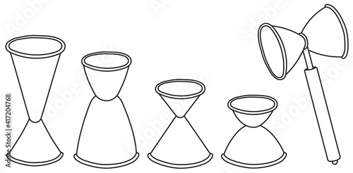 Collection set of hand-drawn doodle cartoon style vector icon illustrations. Bar cocktail tool accessories jiggers. For bar menu, bartender website design etc