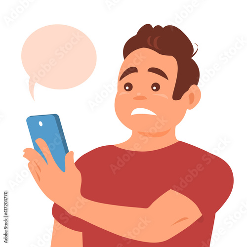 A young man looks disappointedly at a message or news on the phone. Smartphone in hand. Sad face. Vector cartoon illustration