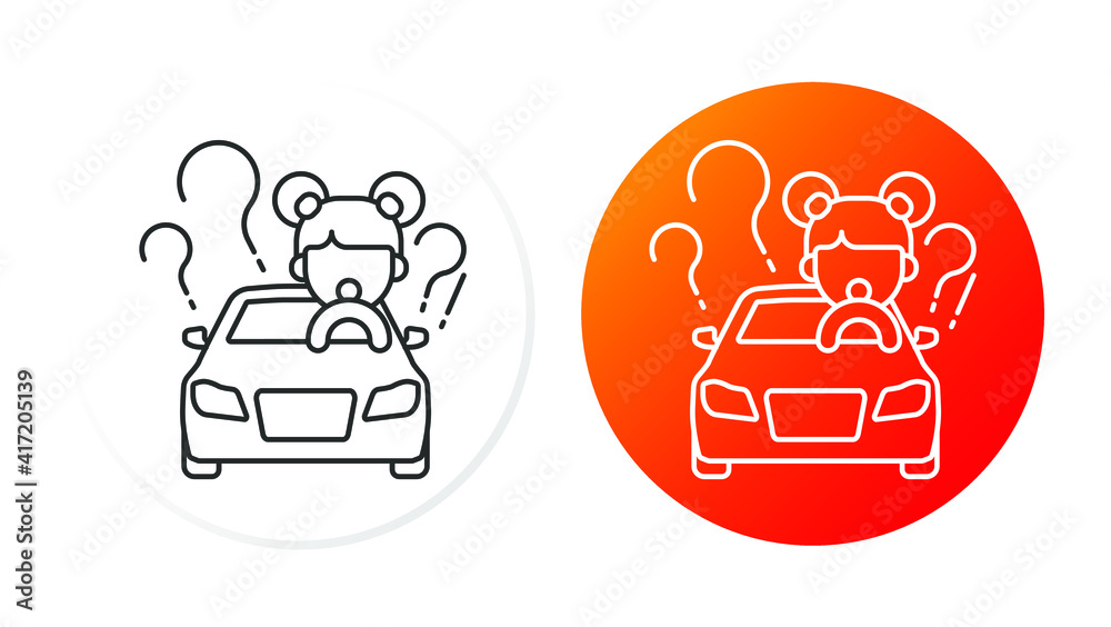 two linear icons on a round substrate, car accident, child driving a car