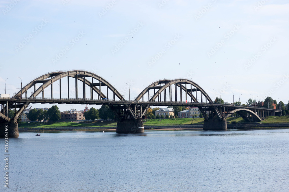 view to the bridge across Volga river in Rybinsk, Russia