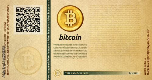 A non-existent bitcoin (cryptographic digital currency coin) banknote, seasoned paper style. Original design.
 photo