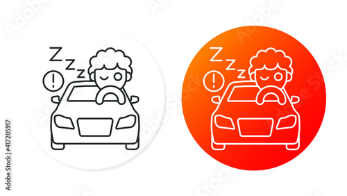 two linear icons on a round substrate, car accident, driver fatigue, desire to sleep