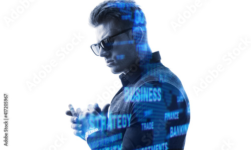 Double exposure portrait of guy on white background. Man in classic suit. Cryptocurrency, finance, business, innovative ideas concept. Futuristic holographic interface to display data.