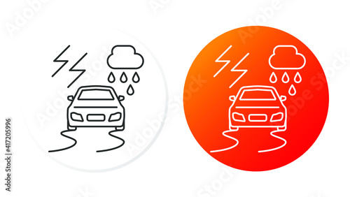 two linear icons on a round substrate, car accident, difficult weather conditions