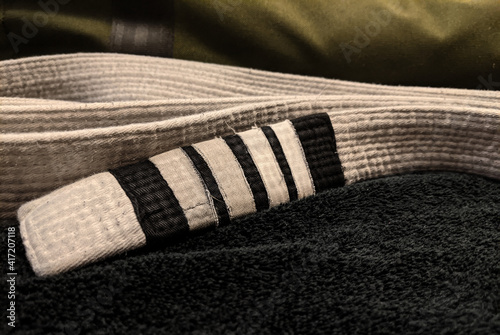 White Belt Close-up With Black and Green photo