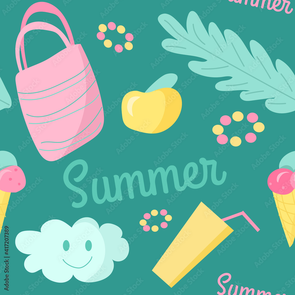 Seamless summer pattern with lettering. Vector beach elements for clothes, wallpapers, web-design, cards, etc