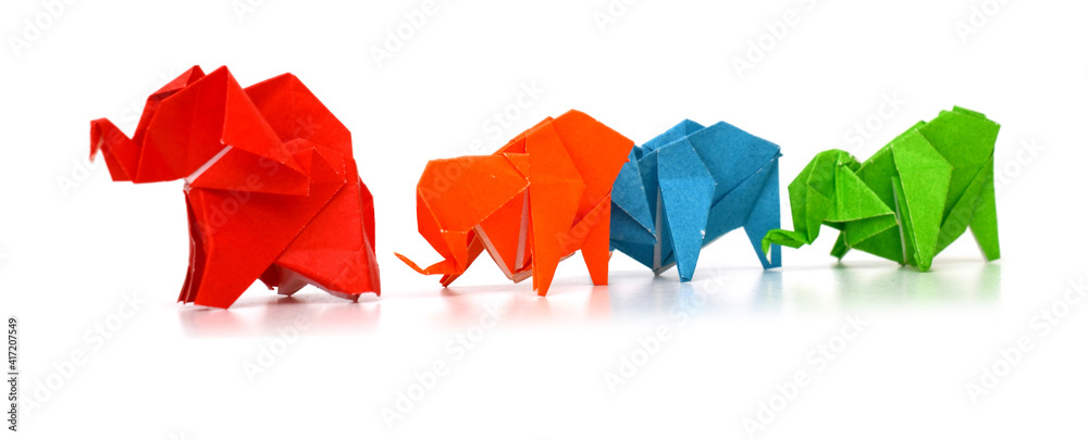Origami elephants in row