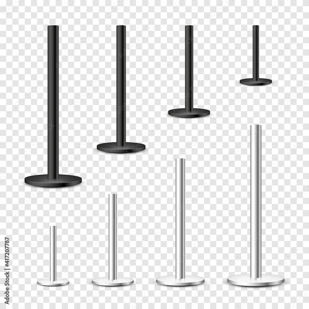 Realistic metal poles collection isolated on transparent background. Glossy steel pipes of various diameters. Billboard or advertising banner mount, holder. Vector illustration. Realistic metal poles collection isolated on transparent background. Glossy steel pipes of various diameters. Billboard or advertising banner mount, holder. Vector illustration.