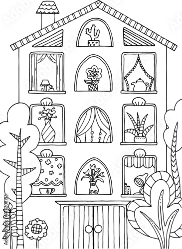Hand drawing coloring page for kids and adults with multi-storey building.  Beautiful drawing with patterns and small details. City street, windows, trees, house plant pots. Coloring pictures. Vector