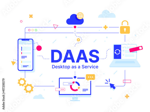 DaaS - Desktop as a Service. Code line of programming internet application. Cloud software on computers with program code on the screen, infographic elements icon, app, virtual screens on white
