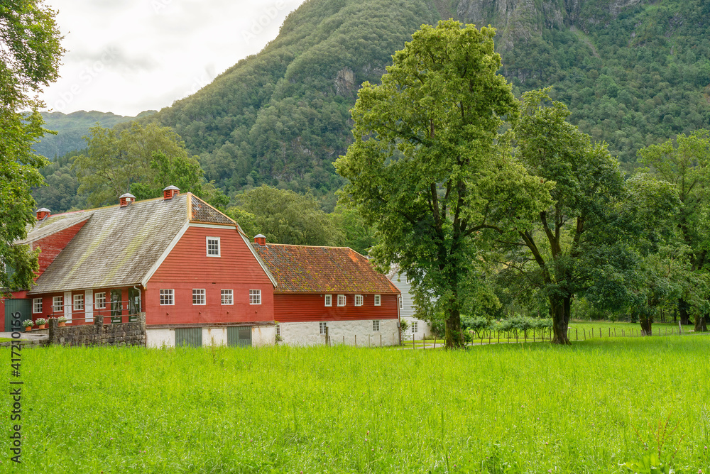 Traditional Norwegian village red house, Norway, Rosendal Traditional Norwegian village red house, Norway, Rosendal