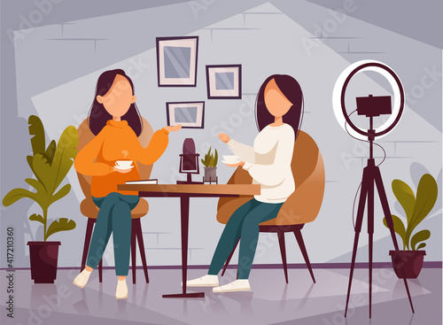 Podcast, vloggers or bloggers create internet content. Vector flat illustration. Character creating video for blog or vlog review and talking on camera.