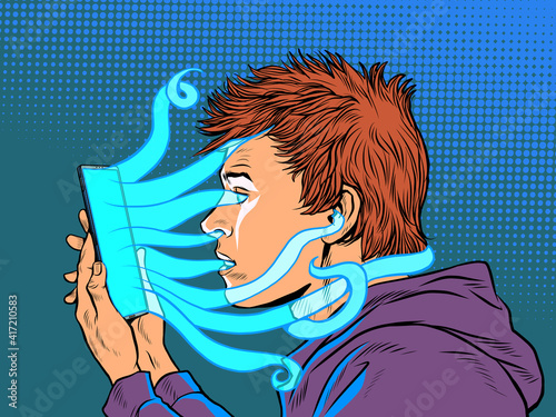 Network addiction of a teenager. Smartphone octopus