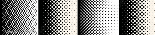 Halftone vector backgrounds. Сollection of geometric transitions from black to white: circles, squares, rhombuses, zigzags.