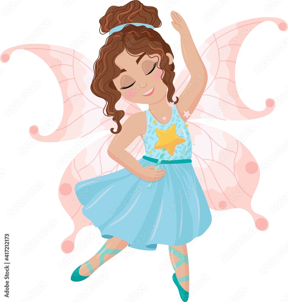 Cute cartoon ballerina in a blue dress. Little fairy. Magic wand in hand. Girl dancing ballet in a fairy costume. Vector illustration isolated on white background. Cute cartoon ballerina in a blue dress. Little fairy. Magic wand in hand. Girl dancing ballet in a fairy costume. Vector illustration isolated on white background.