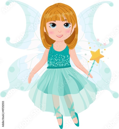 Cute cartoon ballerina in a green dress. Little fairy. Magic wand in hand. A girl with red hair is dancing a ballet in a fairy costume. Vector illustration isolated on white background.