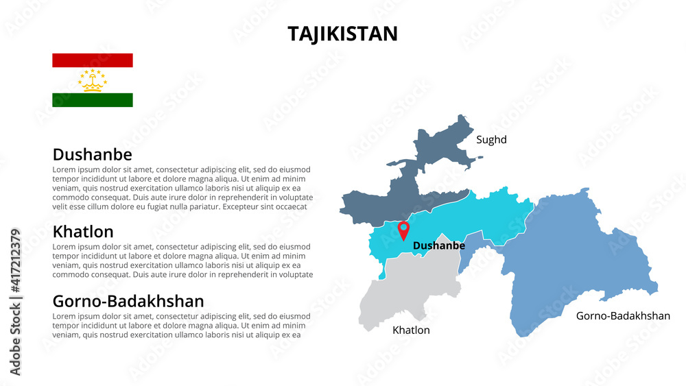 Tajikistan vector map infographic template divided by states, regions or provinces. Slide presentation
