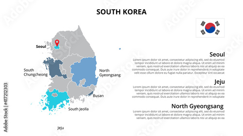 South Korea vector map infographic template divided by states, regions or provinces. Slide presentation