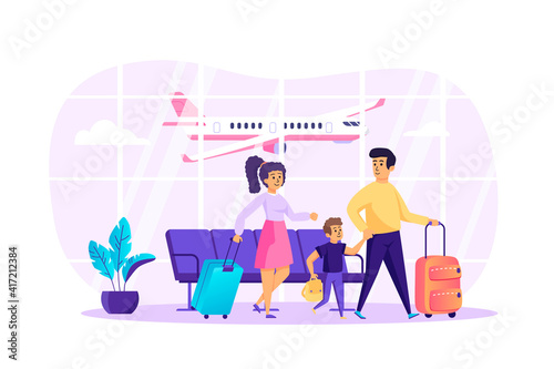 Family with kid in airport terminal scene. Father, mother and son fly on vacation together. Relationship, parenting, childhood, travel concept. Vector illustration of people characters in flat design