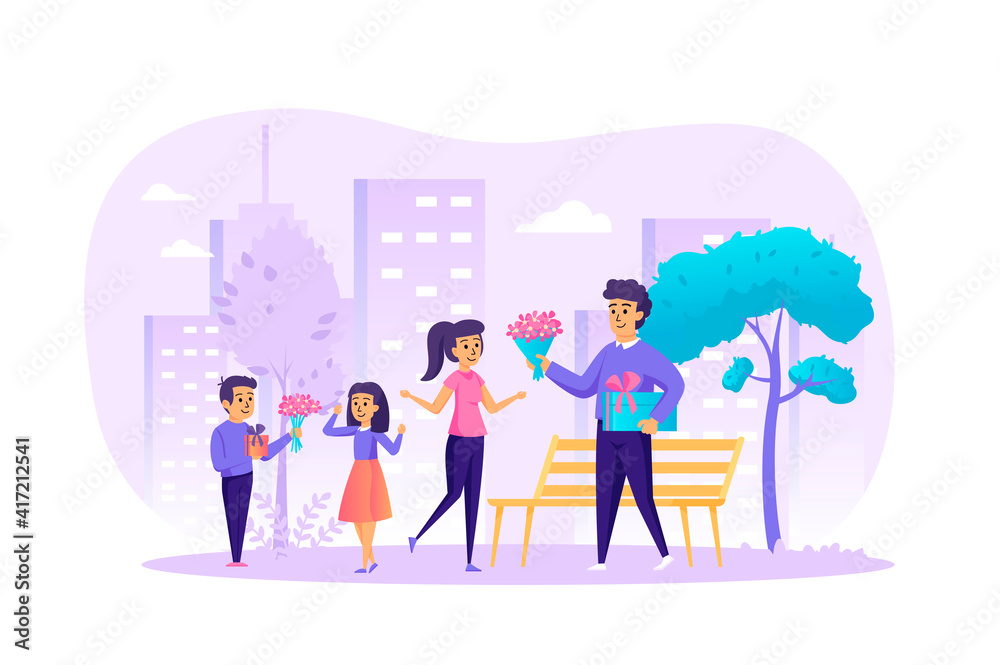 International Women's Day concept. Man and boy give flowers bouquet and gift box to woman and girl. Scene of congratulations on 8 march holiday. Vector illustration of people characters in flat design
