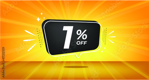 1% off. Yellow banner with one percent discount on a black balloon for mega big sales.