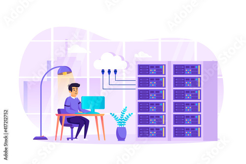 Engineer working at data center scene. Administrator at computer monitoring work of servers and databases  cloud storage technology concept. Vector illustration of people characters in flat design