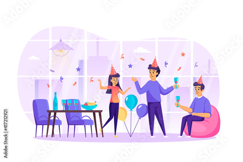 Happy friends celebrate holiday at party scene. Men and women in hats dancing, drinking, having fun. Holidays, birthday, festive event concept. Vector illustration of people characters in flat design