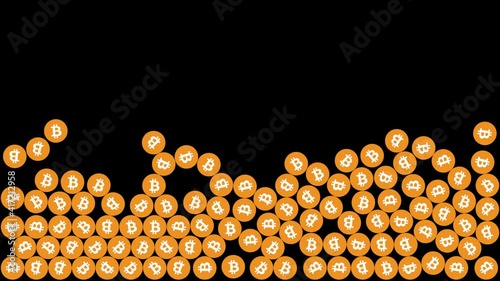 Falling bitcoin. 2D animation. Orange bitcoin coins fall and collide