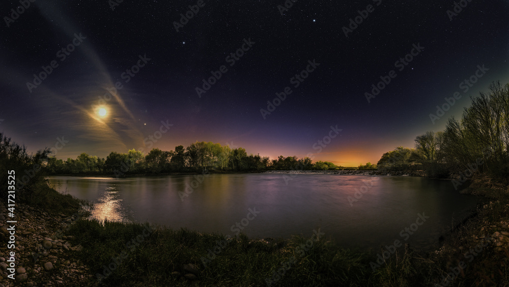 Night Moon over the river panorama