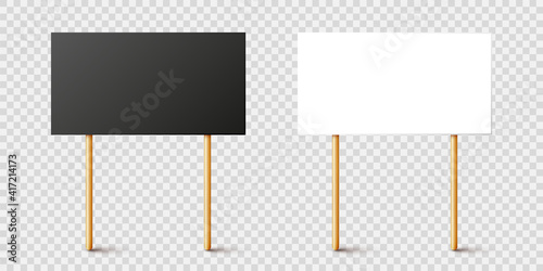 Blank black and white protest signs with wooden holder. Realistic vector demonstration banner. Strike action cardboard placard mockup.