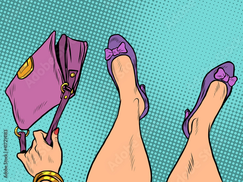 lady fashionista with handbag feet shoes profession