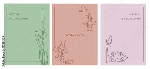 Set de plantillas de diseño vectorial con temática de laguna- primavera- animales, en estilo minimalista y lineal, útil para redes sociales, editorial, marcos y tarjetas.