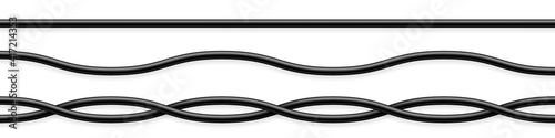 Flexible cables collection. Black electrical wire. Realistic power or network cable. Vector illustration.
