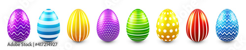 Colorful Easter eggs isolated on white background. Seasonal spring decoration element. Egg hunt game. Vector illustration.