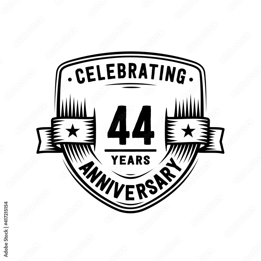 44 years anniversary celebration shield design template. Vector and illustration. 44 years anniversary celebration shield design template. Vector and illustration.