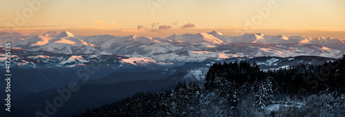 Panoramic view of the Sierra de Ancares at sunset seen from A Fonsagrada (Lugo). photo