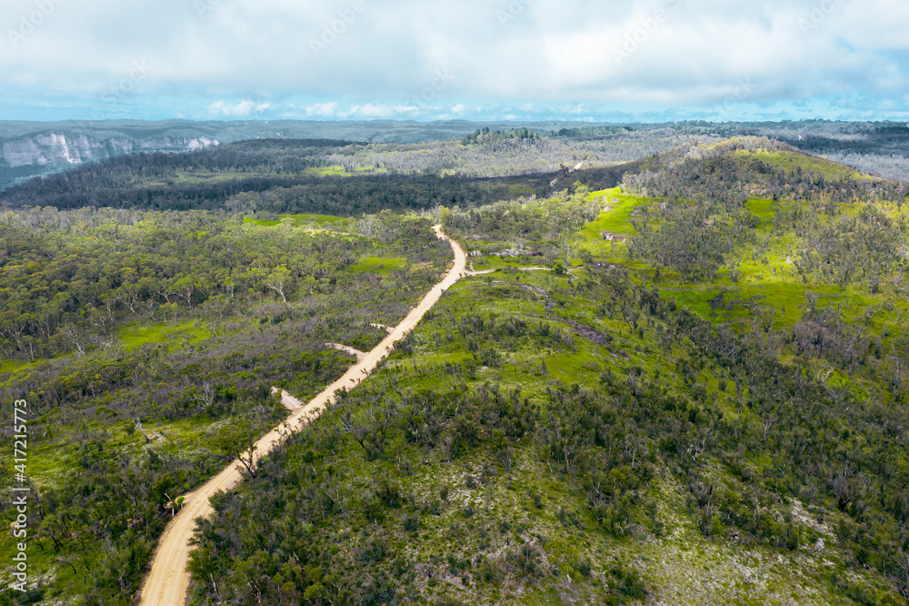 Aerial view of a dirt track in the Grose Valley in The Blue Mountains in Australia